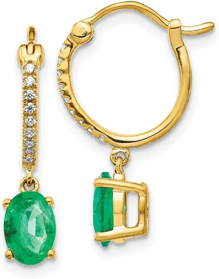 Solid Real 14k Yellow Gold 1/10ct Diamond and Emerald Green May Gemstone Dangle Hoop Earrings - 21mm x 4mm