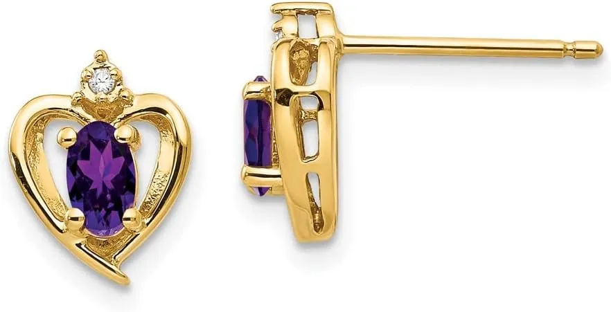 Solid Real 14k Yellow Gold Diamond and Amethyst Purple February Gemstone Studs Earrings - 17mm x 10mm (.01 cttw.)