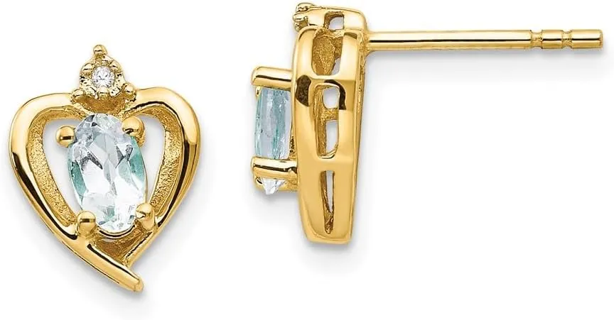 Solid Real 14k Yellow Gold Diamond and Aquamarine Blue March Gemstone Studs Earrings - 17mm x 10mm (.01 cttw.)
