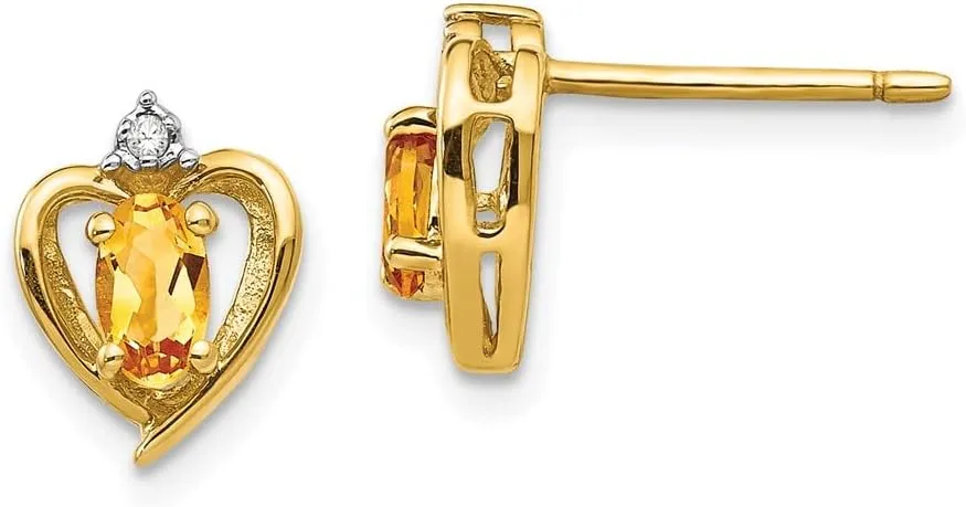 Solid Real 14k Yellow Gold Diamond and Citrine Yellow November Gemstone Studs Earrings - 17mm x 10mm (.01 cttw.)