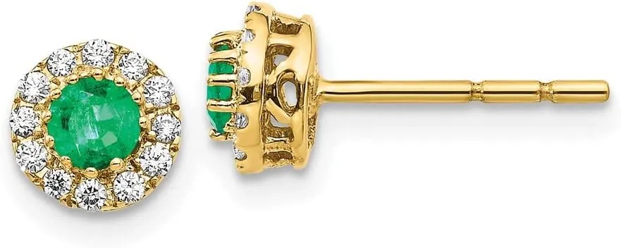 Solid Real 14k Yellow Gold Diamond and Emerald Green May Gemstone Post Studs Earrings 6mm (.168 cttw.)