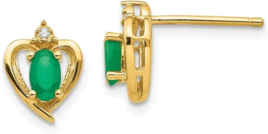 Solid Real 14k Yellow Gold Diamond and Emerald Green May Gemstone Studs Earrings - 17mm x 10mm (.01 cttw.)