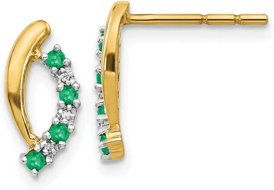 Solid Real 14k Yellow Gold Diamond and Emerald Green May Gemstone Studs Post Earrings - 10mm x 6mm (.019 cttw.)