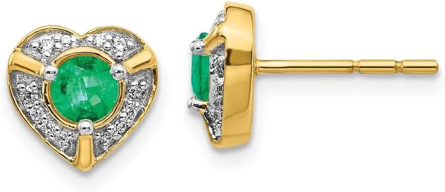 Solid Real 14k Yellow Gold Diamond and Emerald Green May Gemstone Unique Heart Studs Post Earrings - 8mm x 9mm (.104 cttw.)