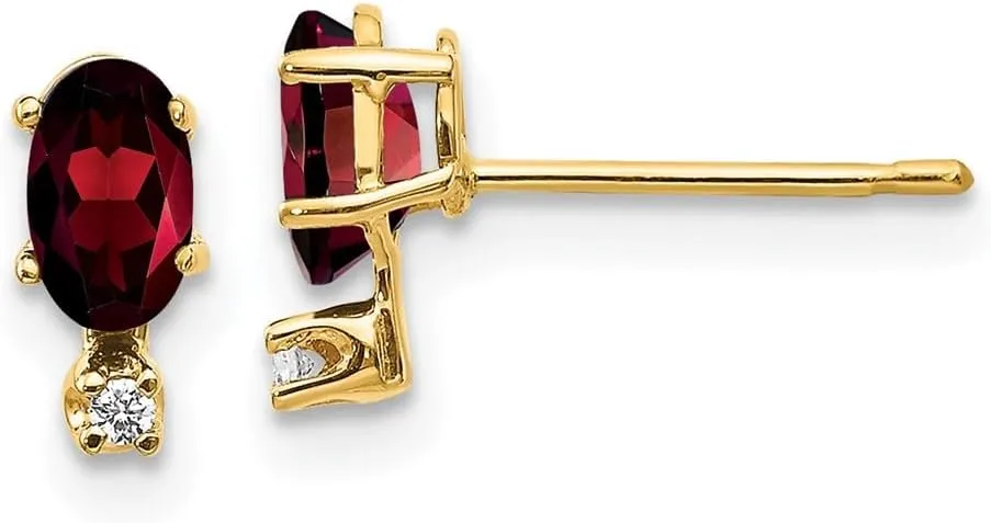 Solid Real 14k Yellow Gold Diamond and Garnet January Red Gemstone Birthstone Studs Earrings - 7mm x 3mm (.016 cttw.)