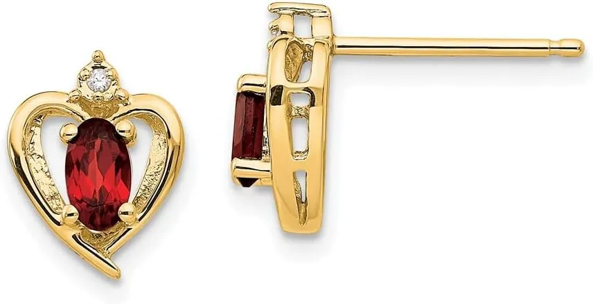 Solid Real 14k Yellow Gold Diamond and Garnet January Red Gemstone Studs Earrings - 17mm x 10mm (.01 cttw.)