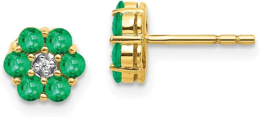 Solid Real 14k Yellow Gold Two Toned Emerald Green May Gemstone and Diamond Post Studs Earrings 6mm (.01 cttw.)