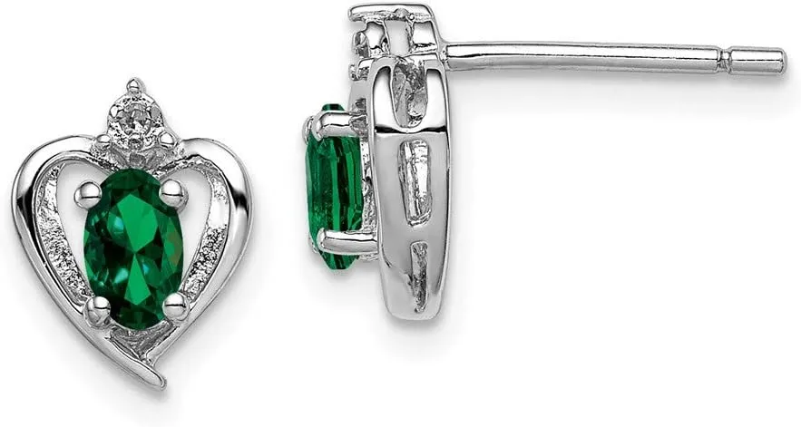 Solid Real 925 Sterling Silver Created Emerald Green May Gemstone and Diamond Studs Post Earrings - 10mm x 7mm (.01 cttw.)
