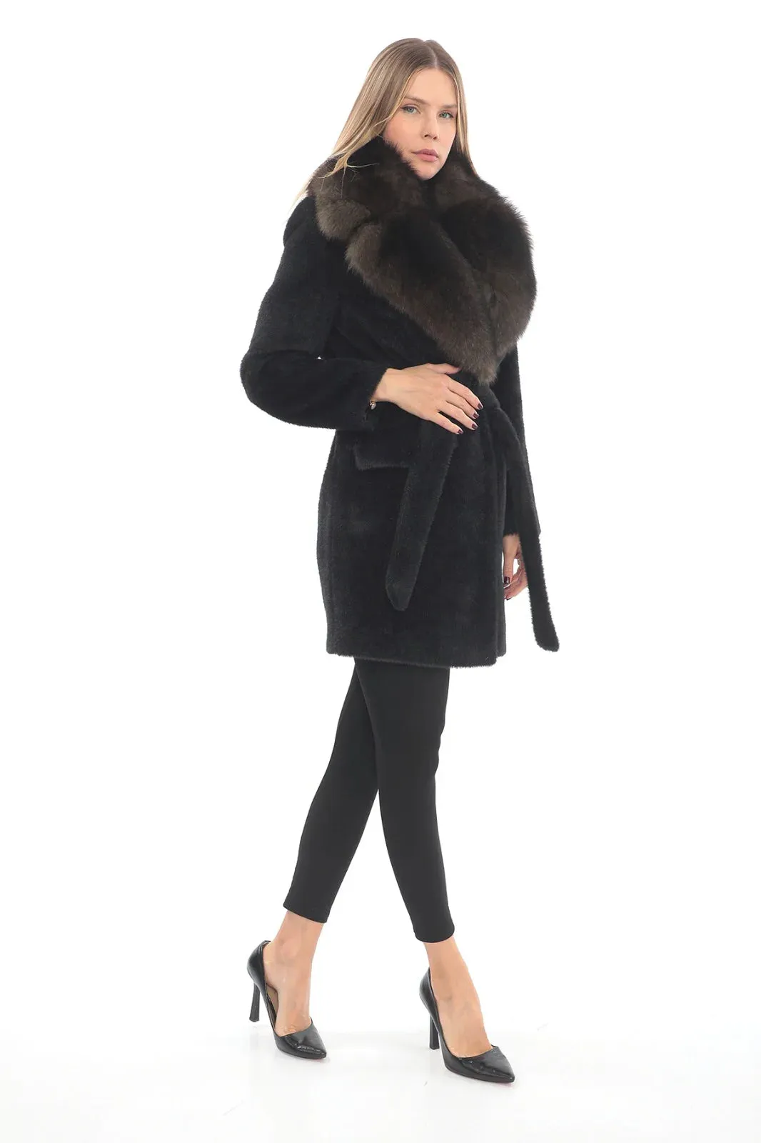 Sophisticated Black Llama Wool Coat with Brown Fox Fur Collar
