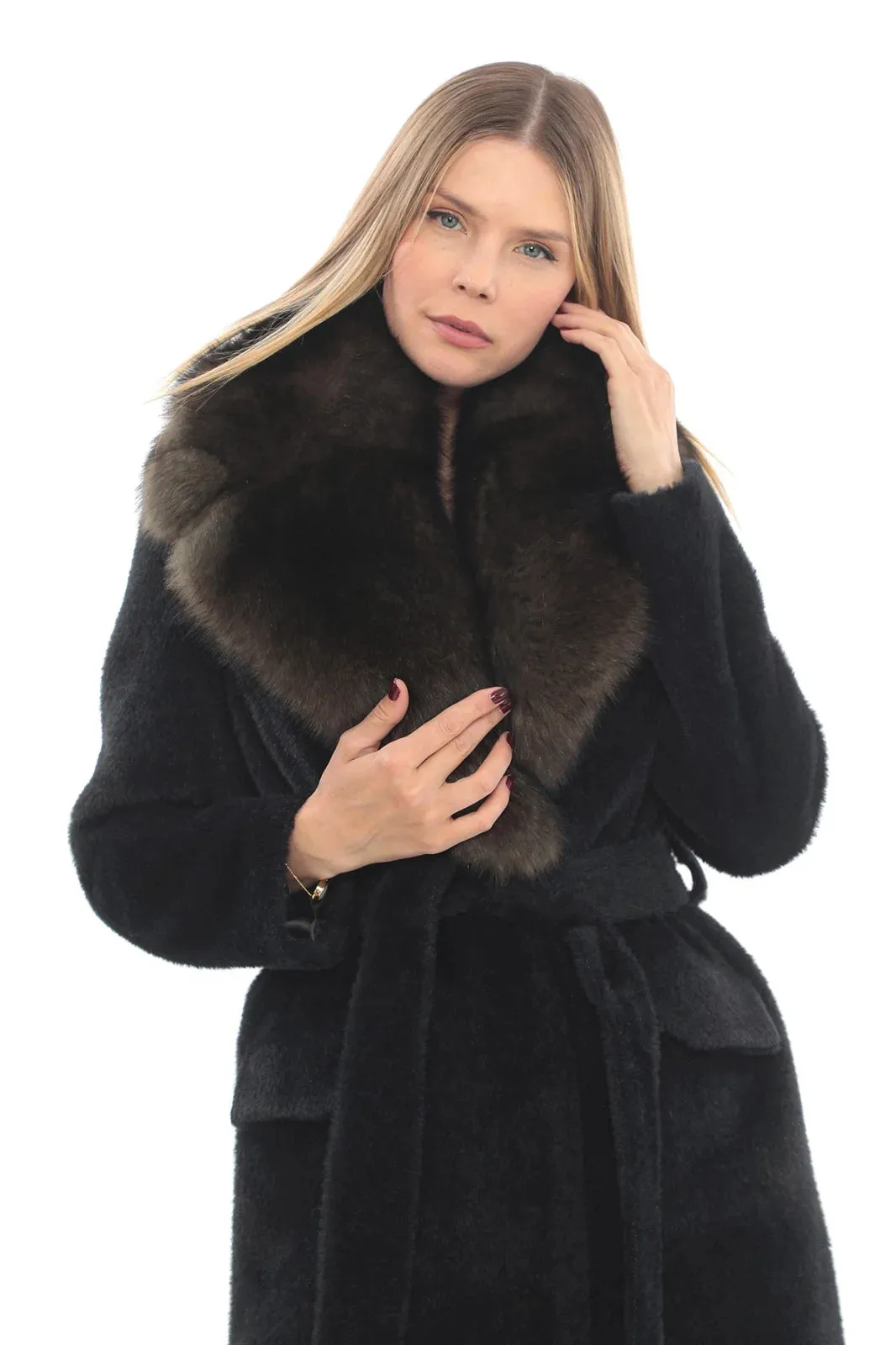 Sophisticated Black Llama Wool Coat with Brown Fox Fur Collar