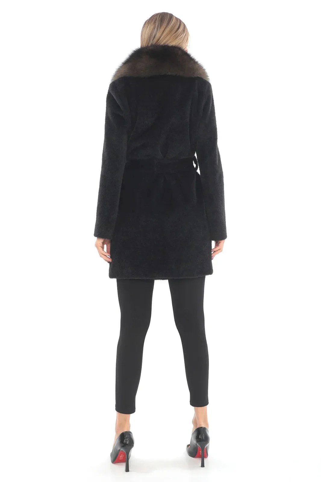 Sophisticated Black Llama Wool Coat with Brown Fox Fur Collar
