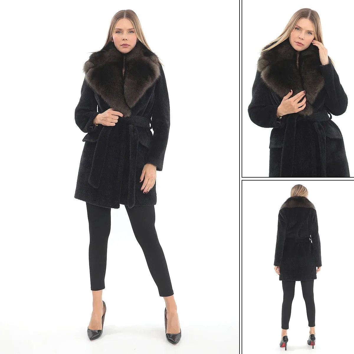 Sophisticated Black Llama Wool Coat with Brown Fox Fur Collar