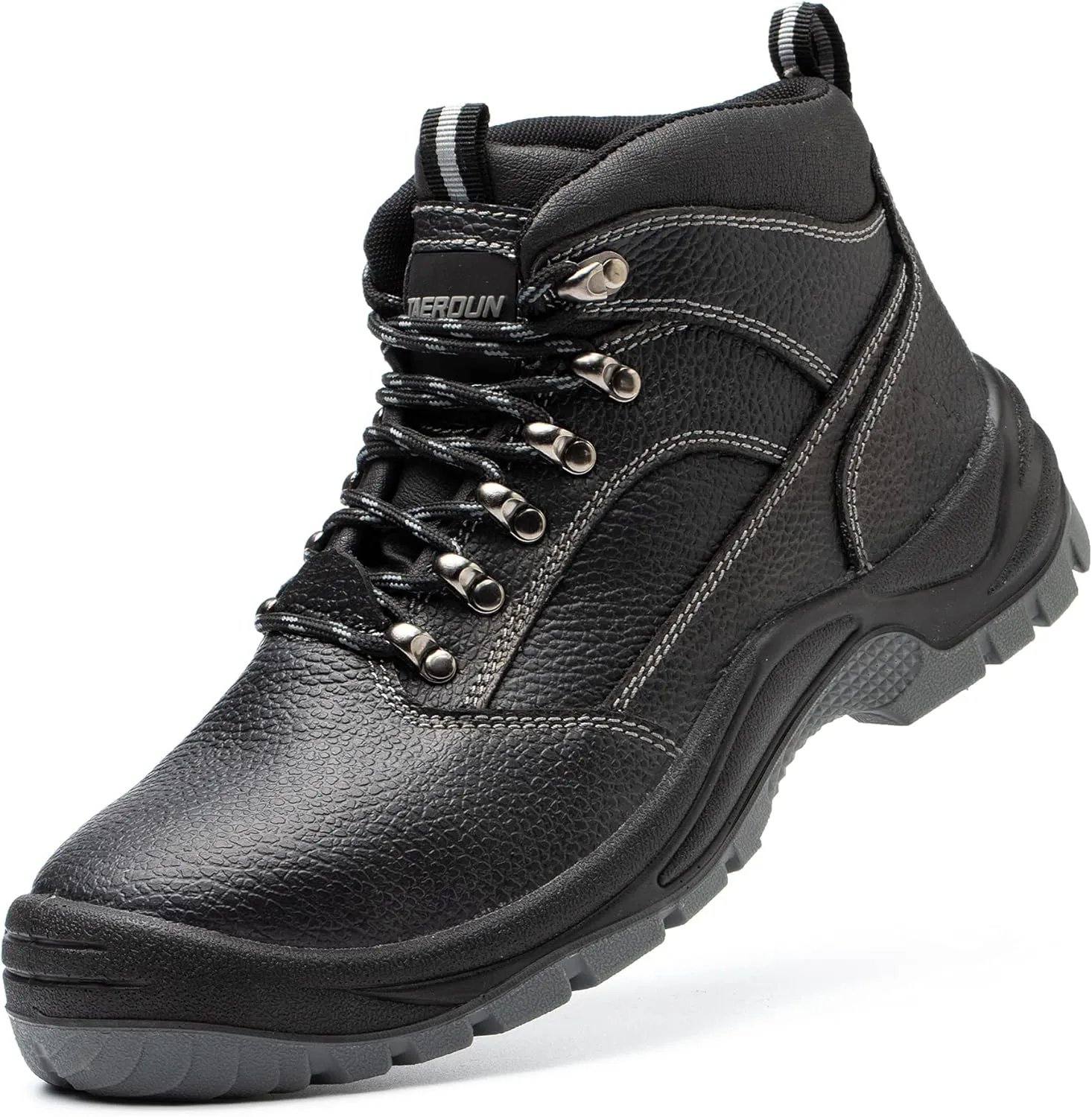 Steel Toe Boots for Men Real Leather Work Safety Shoes, Industrial & Construction Shoes, Indestructible Welding Boots, Black&Grey, Size 9