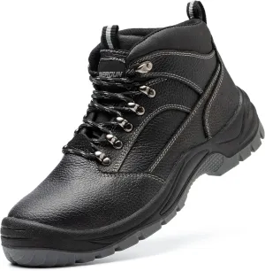 Steel Toe Boots for Men Real Leather Work Safety Shoes, Industrial & Construction Shoes, Indestructible Welding Boots, Black&Grey, Size 9