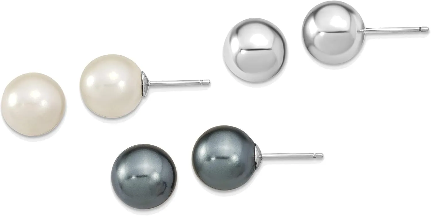 Sterling Silver Rhodium-plated 10-11mm White & Grey 10-11mm Round Imitation She