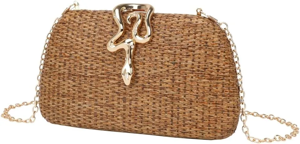 Straw Evening Bag for Women Trendy Snake Buckle Clutch Purses Wedding Party Prom Shoulder Handbag Woven Chain Purse