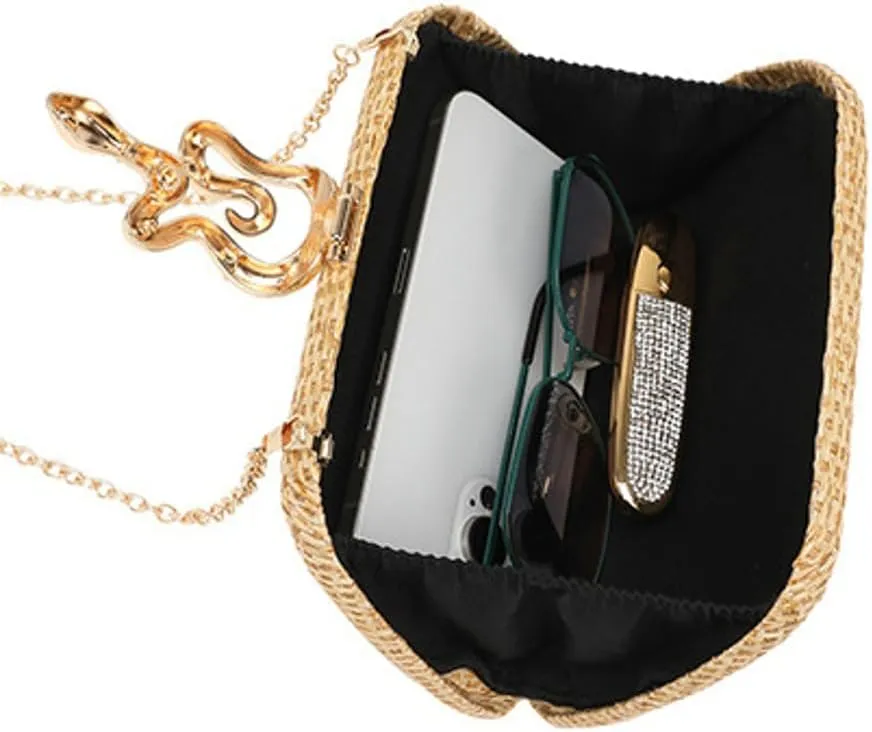 Straw Evening Bag for Women Trendy Snake Buckle Clutch Purses Wedding Party Prom Shoulder Handbag Woven Chain Purse