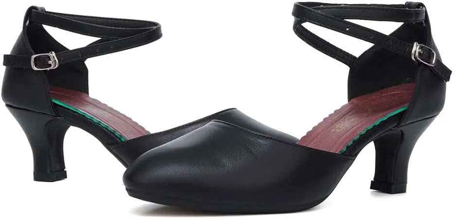 SWDZM Ballroom Dance Shoes Women Low Heel Closed Toe Latin Salsa Tango Character Practice Dance Shoes,Model DY-Leather-ZK