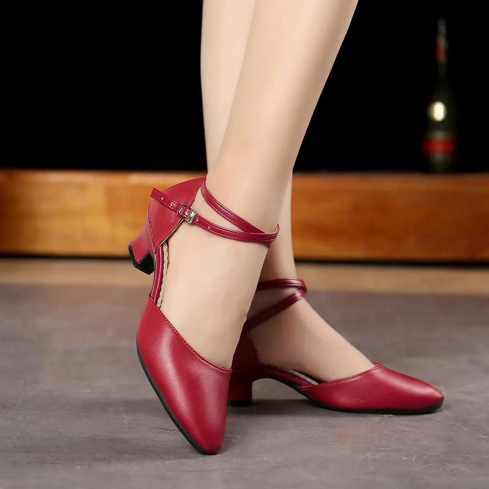 SWDZM Ballroom Dance Shoes Women Low Heel Closed Toe Latin Salsa Tango Character Practice Dance Shoes,Model DY-Leather-ZK