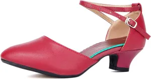 SWDZM Ballroom Dance Shoes Women Low Heel Closed Toe Latin Salsa Tango Character Practice Dance Shoes,Model DY-Leather-ZK
