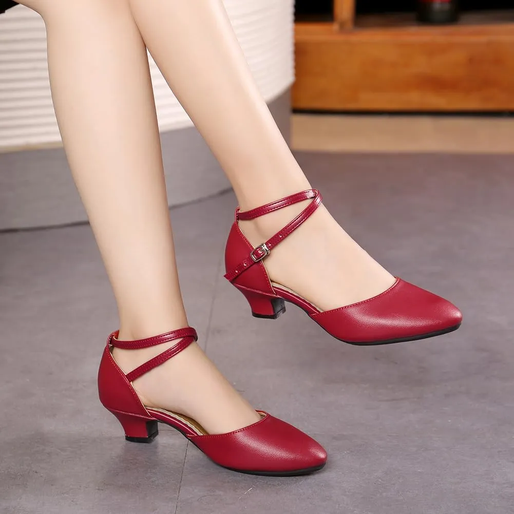 SWDZM Ballroom Dance Shoes Women Low Heel Closed Toe Latin Salsa Tango Character Practice Dance Shoes,Model DY-Leather-ZK