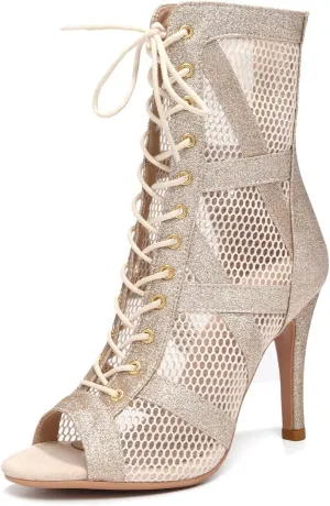 SWDZM Open Toe Dance Boots Women Latin Ballroom Lace-up Dance Shoes