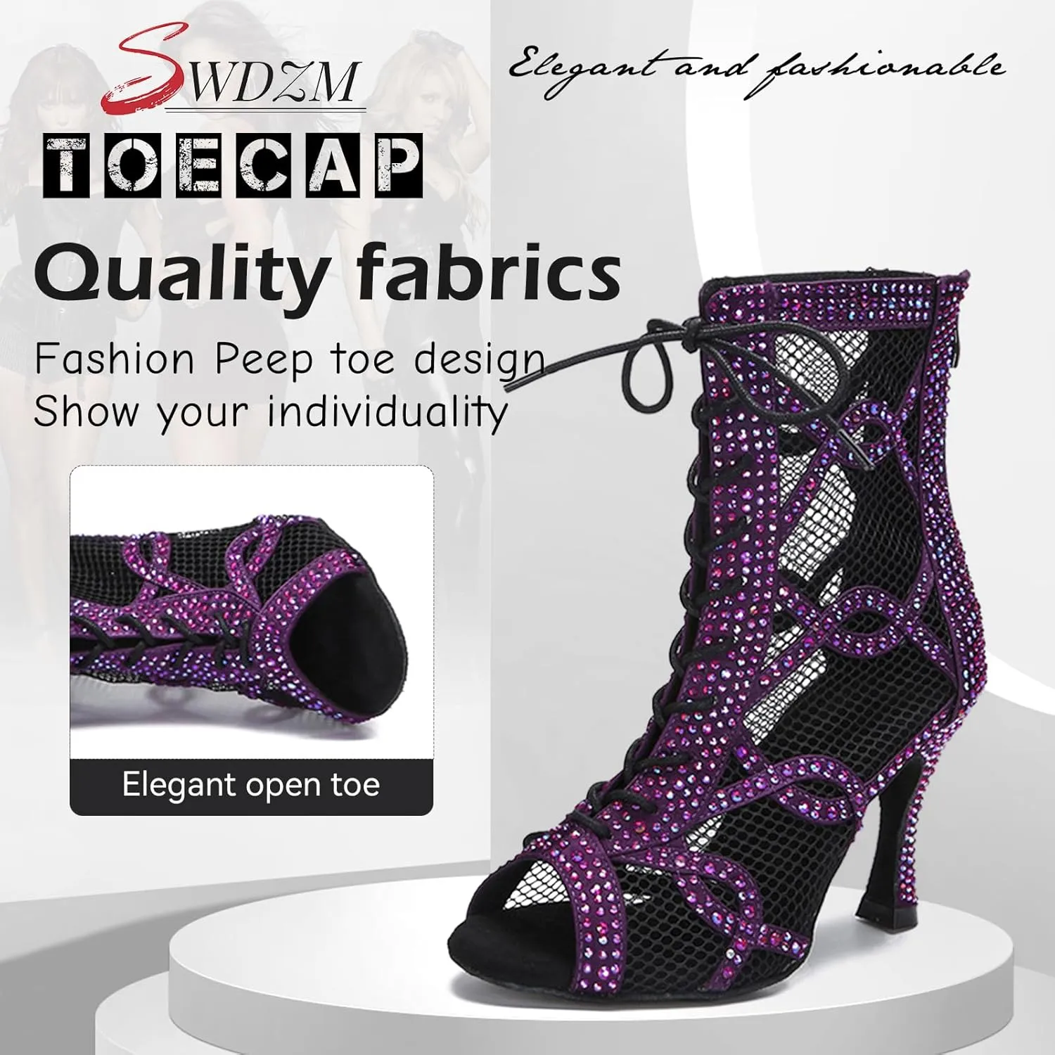 SWDZM Women's Ballroom Latin Salsa Dance Shoes Lace-up Open-Toe Dance Boots with Mesh High Heels Ankle Dance Boots,Model L588
