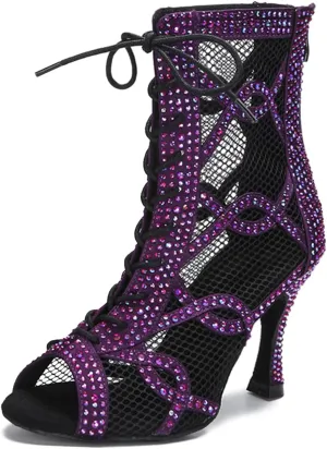 SWDZM Women's Ballroom Latin Salsa Dance Shoes Lace-up Open-Toe Dance Boots with Mesh High Heels Ankle Dance Boots,Model L588