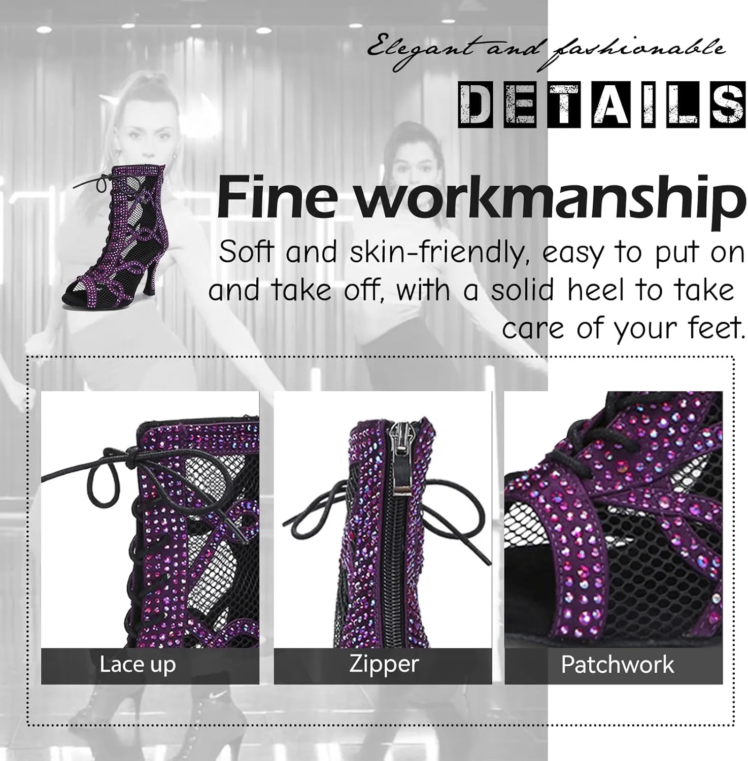 SWDZM Women's Ballroom Latin Salsa Dance Shoes Lace-up Open-Toe Dance Boots with Mesh High Heels Ankle Dance Boots,Model L588