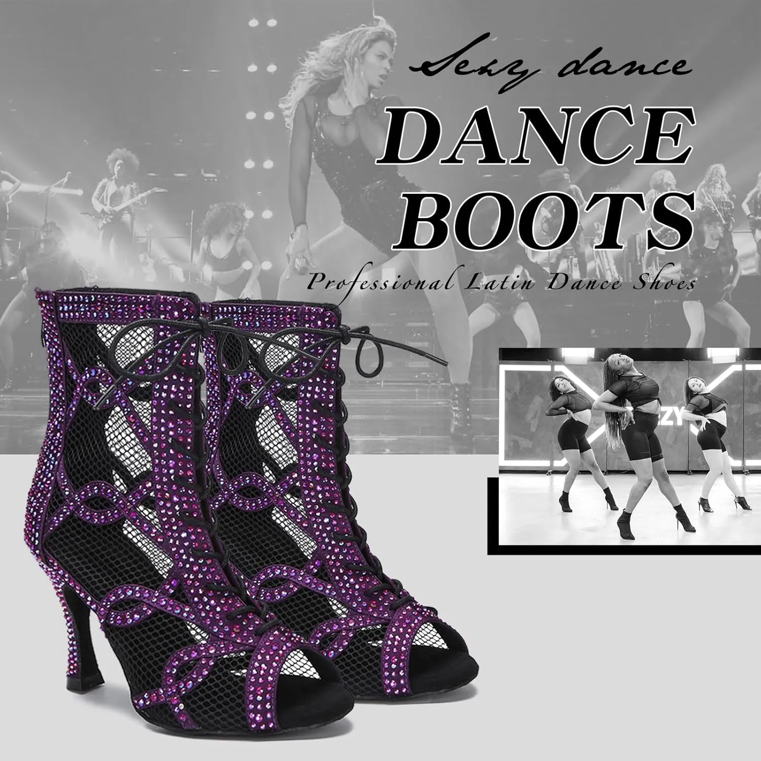 SWDZM Women's Ballroom Latin Salsa Dance Shoes Lace-up Open-Toe Dance Boots with Mesh High Heels Ankle Dance Boots,Model L588