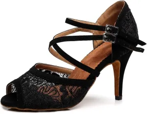 SWDZM Women's Peep Toe Mesh Satin Ballroom Dance Shoes Salsa Latin Tango Practice Dancing Shoes,Model-QJW1060