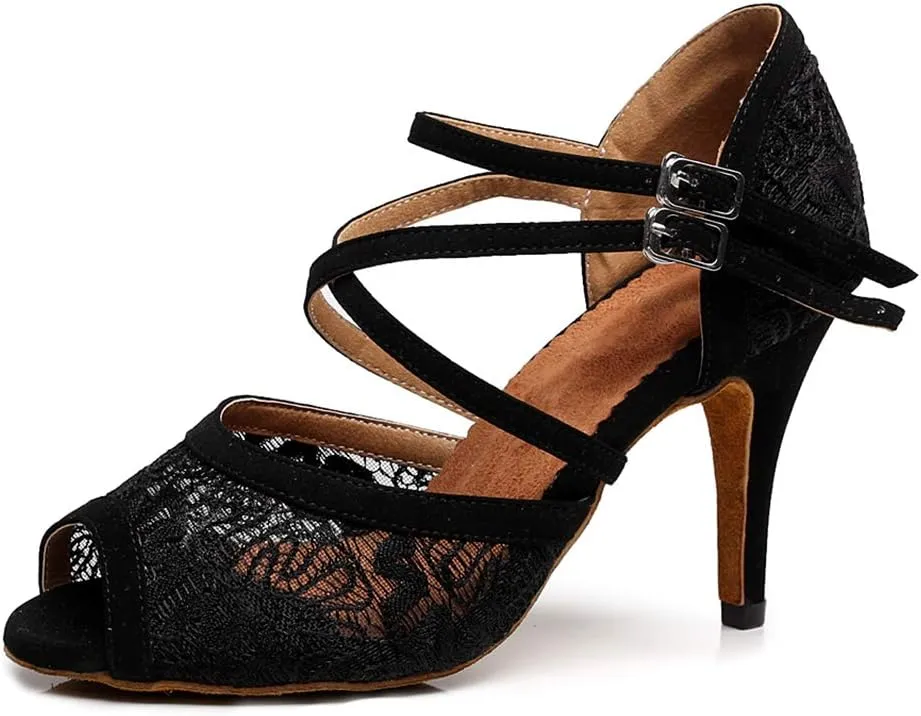 SWDZM Women's Peep Toe Mesh Satin Ballroom Dance Shoes Salsa Latin Tango Practice Dancing Shoes,Model-QJW1060