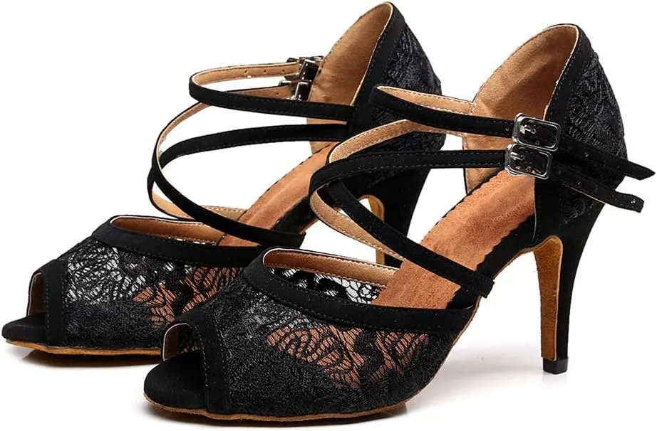 SWDZM Women's Peep Toe Mesh Satin Ballroom Dance Shoes Salsa Latin Tango Practice Dancing Shoes,Model-QJW1060