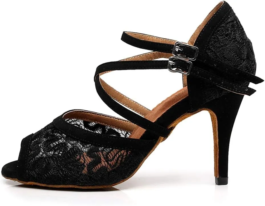 SWDZM Women's Peep Toe Mesh Satin Ballroom Dance Shoes Salsa Latin Tango Practice Dancing Shoes,Model-QJW1060