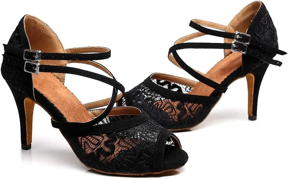 SWDZM Women's Peep Toe Mesh Satin Ballroom Dance Shoes Salsa Latin Tango Practice Dancing Shoes,Model-QJW1060