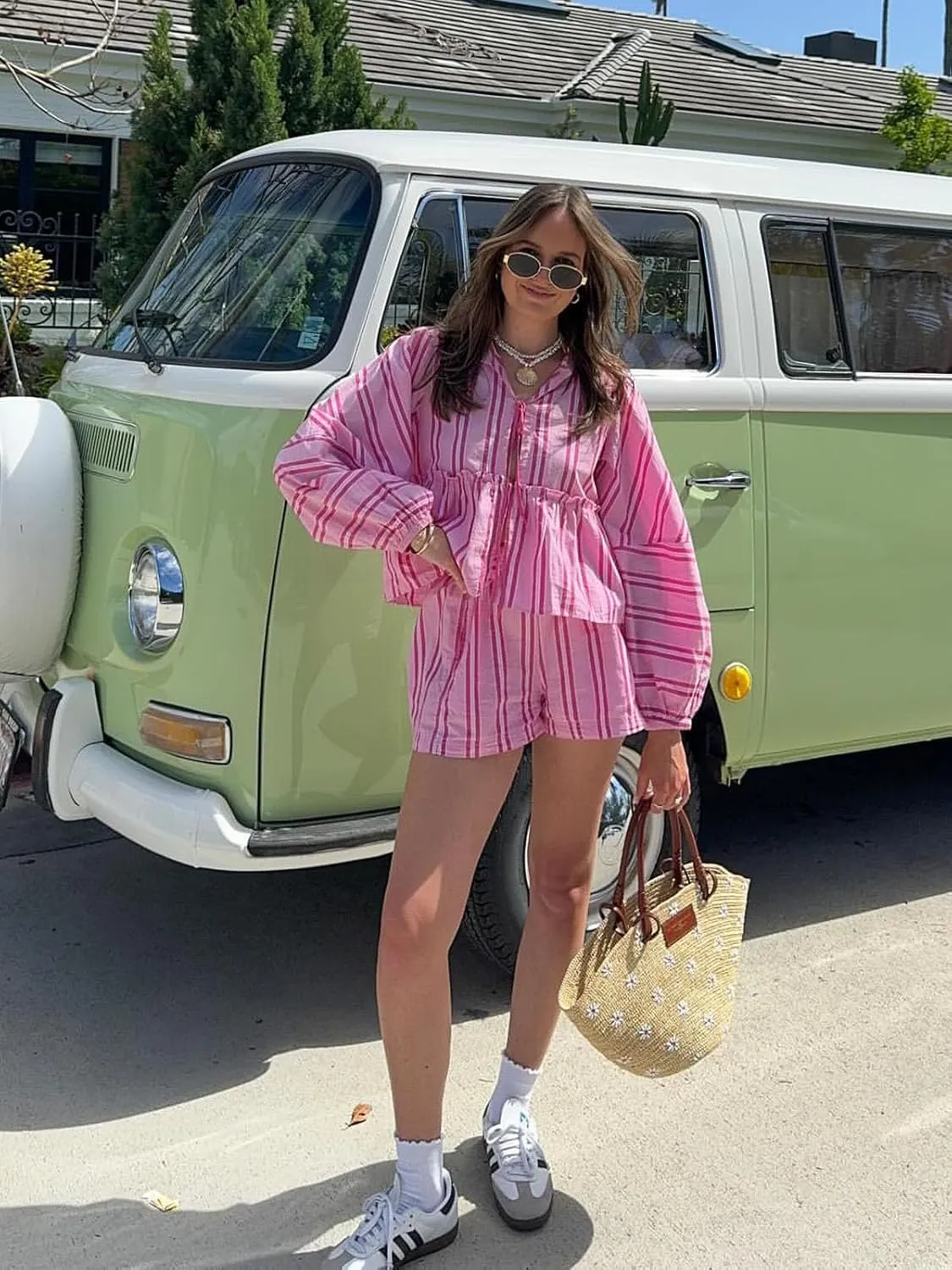 Tankaneo Womens 2 Piece Outfits Tie Front Peplum Tops Shorts Sets Striped Puff Long Sleeve Blouse Y2K Lounge Sets