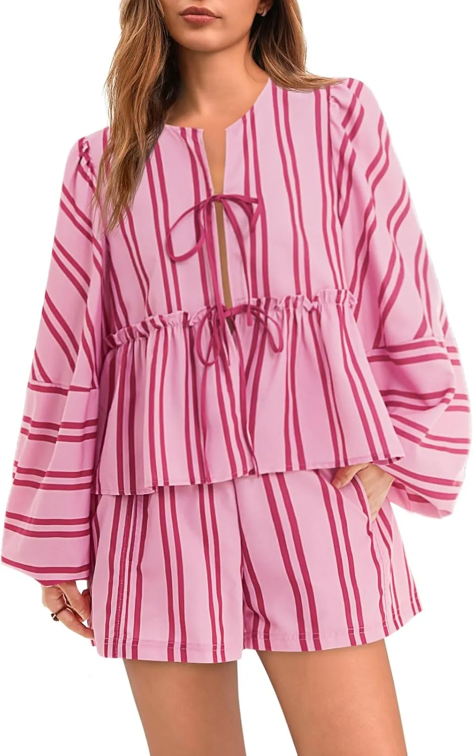 Tankaneo Womens 2 Piece Outfits Tie Front Peplum Tops Shorts Sets Striped Puff Long Sleeve Blouse Y2K Lounge Sets