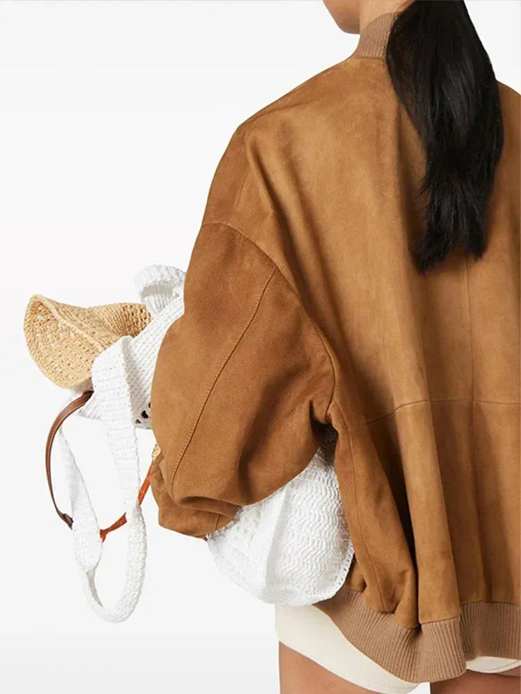 TAVIMART  -  Women Patchwork Suede Jackets Long Sleeve Pocket Zipped Stand Coats 2024 Autumn Winter New Fashion Commuting Top Outerwears