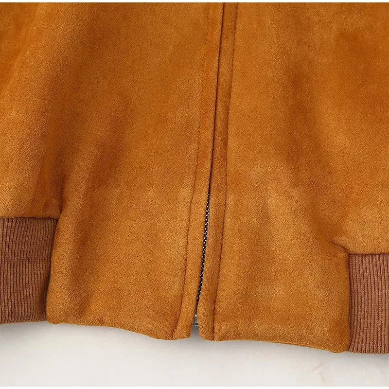 TAVIMART  -  Women Patchwork Suede Jackets Long Sleeve Pocket Zipped Stand Coats 2024 Autumn Winter New Fashion Commuting Top Outerwears