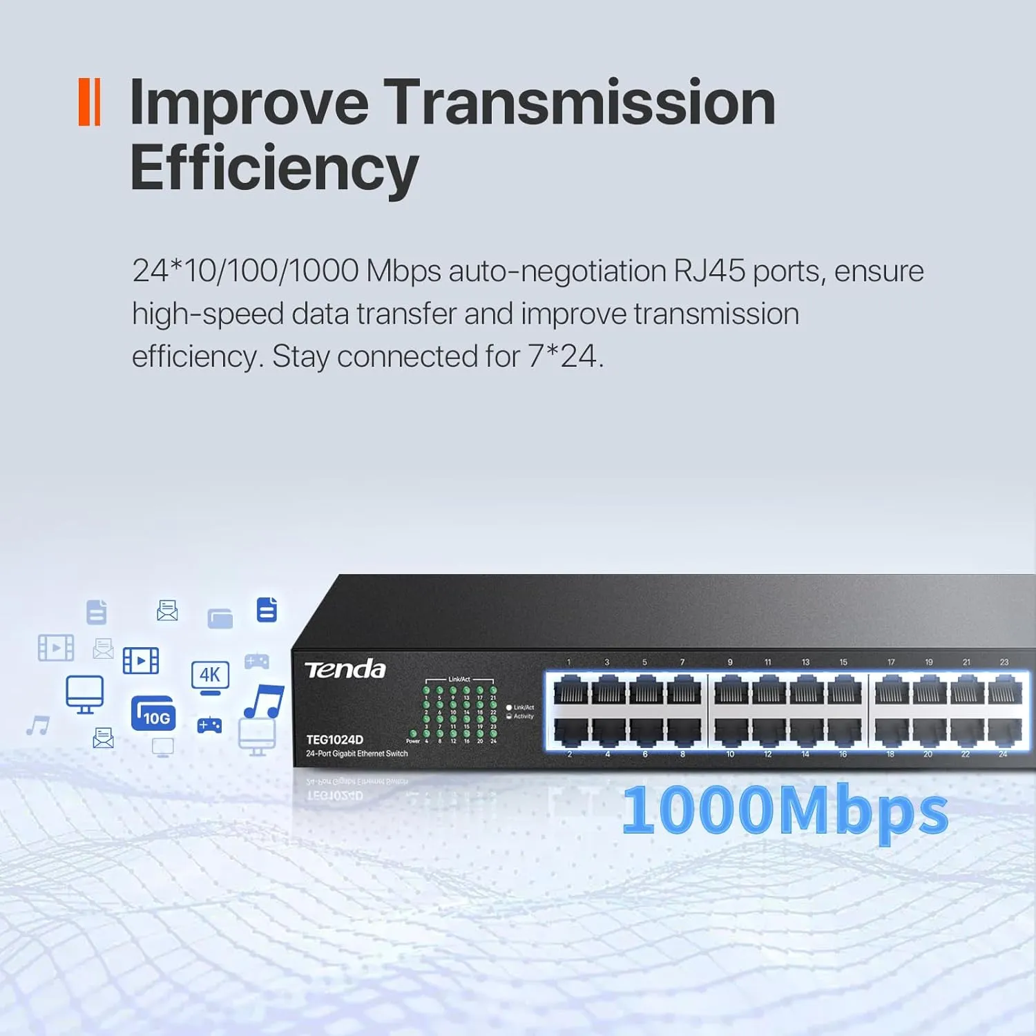 Tenda TEG1024D, 24 Port Gigabit Switch, Unmanaged Rackmount Ethernet Switch 24 Port with Traffic Optimization, Plug & Play, Fanless Quiet & Metal Design Network Switch, Limited Lifetime Protection