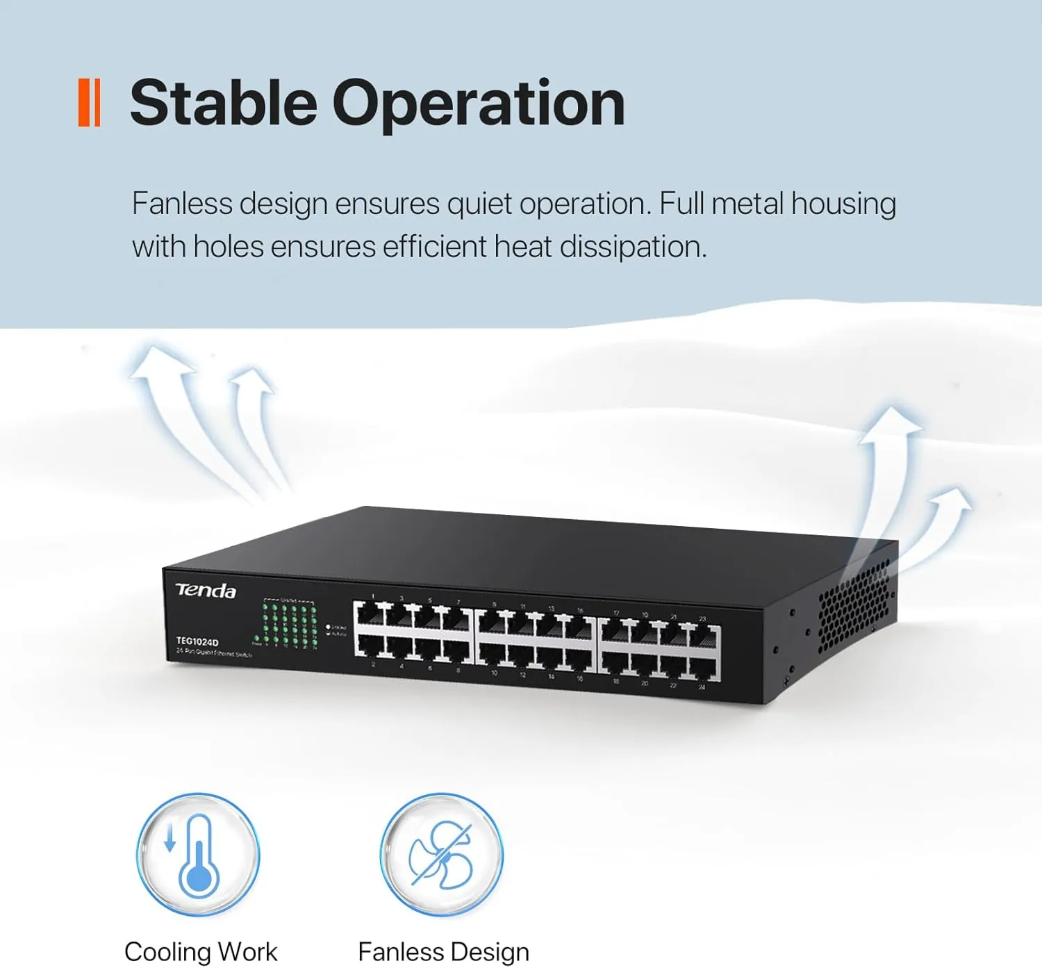 Tenda TEG1024D, 24 Port Gigabit Switch, Unmanaged Rackmount Ethernet Switch 24 Port with Traffic Optimization, Plug & Play, Fanless Quiet & Metal Design Network Switch, Limited Lifetime Protection