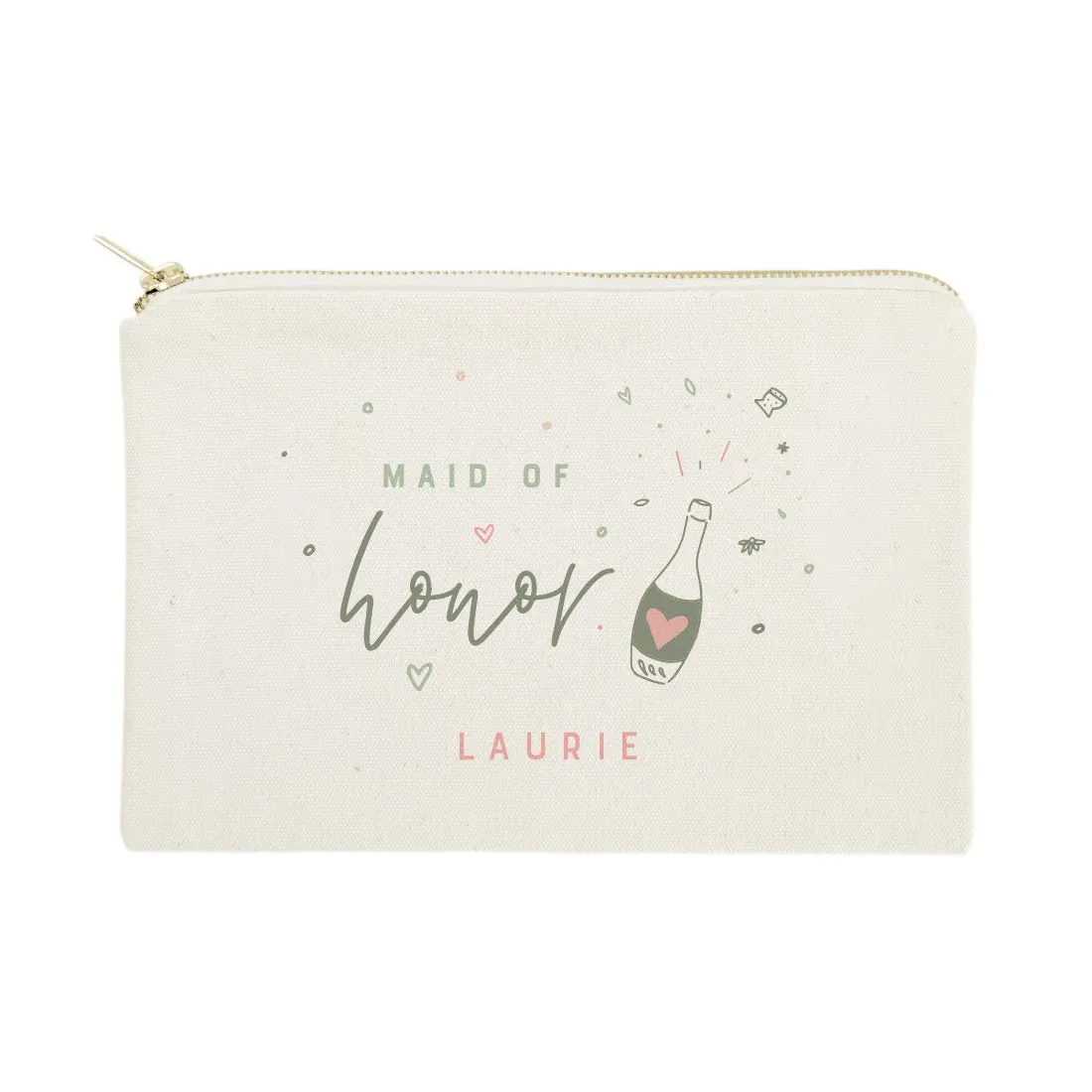 The Cotton & Canvas Co. Champagne Celebration Personalized Maid of Honor Wedding Cosmetic Bag, Bridal Party Gift and Travel Make Up Pouch
