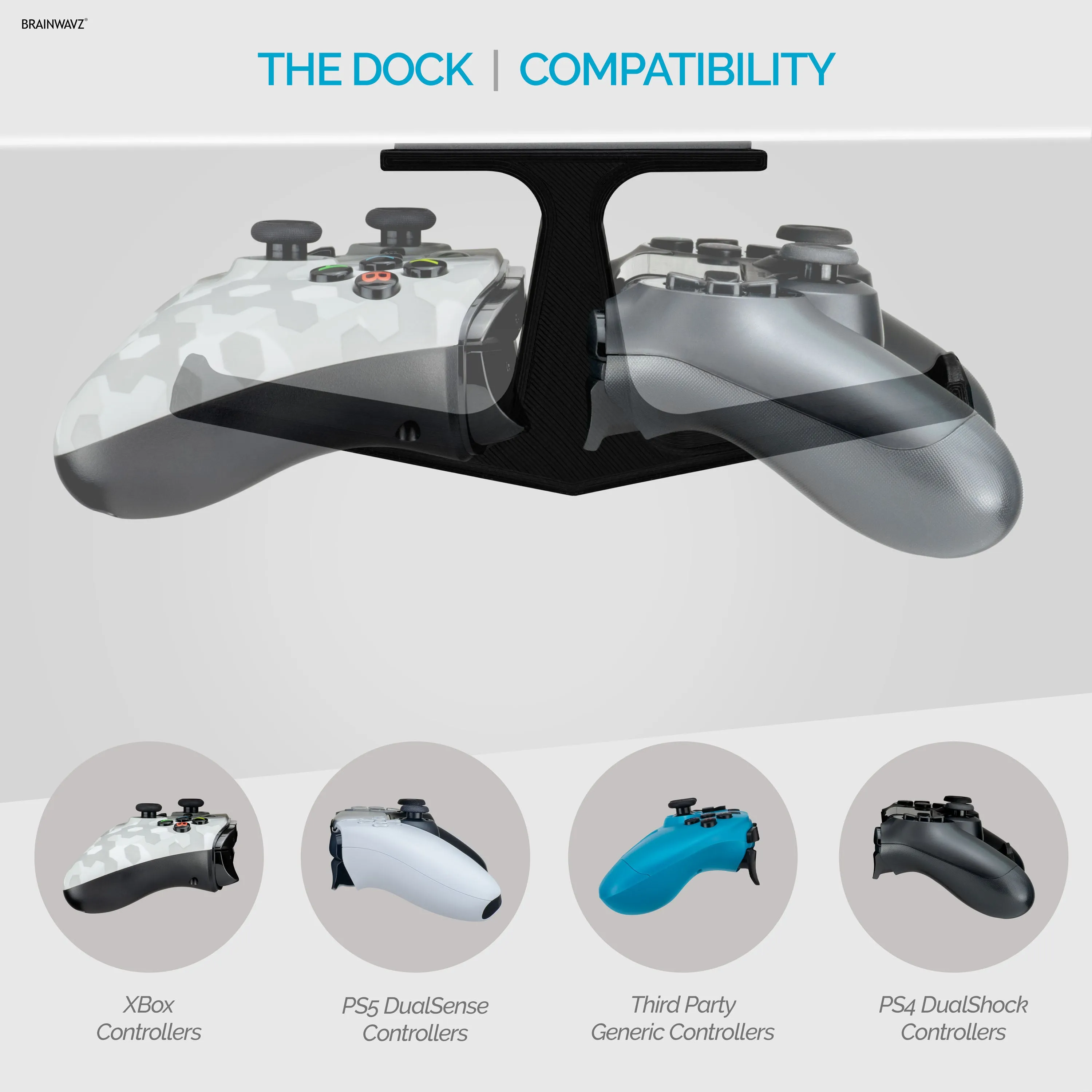 The Dock - Dual Under Desk Game Controller Hanger for Xbox, PS5/PS4, Universal Mount, No Mess & Easy to Install