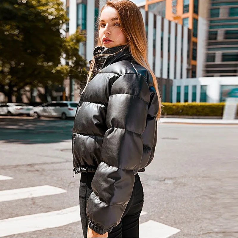 Thick Warm Leather Coats Women Short Parkas Female Fashion Elegant Zipper Black Cotton Padded Down Jacket Lady
