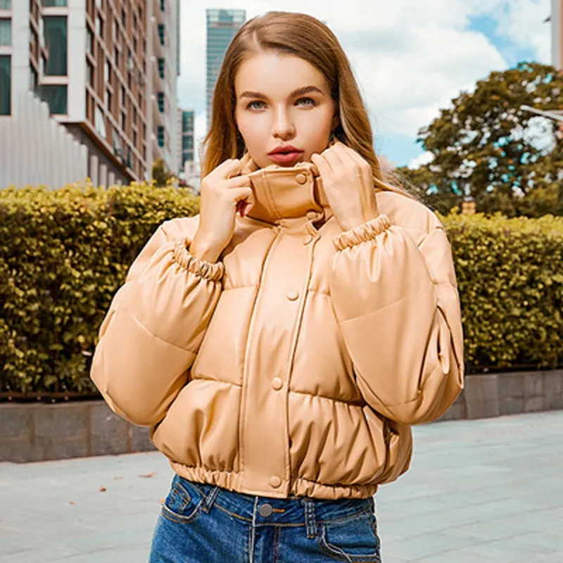 Thick Warm Leather Coats Women Short Parkas Female Fashion Elegant Zipper Black Cotton Padded Down Jacket Lady