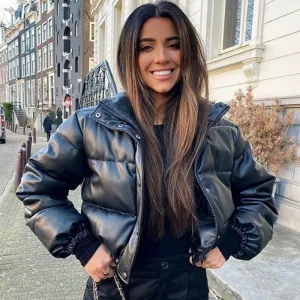 Thick Warm Leather Coats Women Short Parkas Female Fashion Elegant Zipper Black Cotton Padded Down Jacket Lady