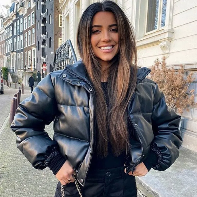 Thick Warm Leather Coats Women Short Parkas Female Fashion Elegant Zipper Black Cotton Padded Down Jacket Lady