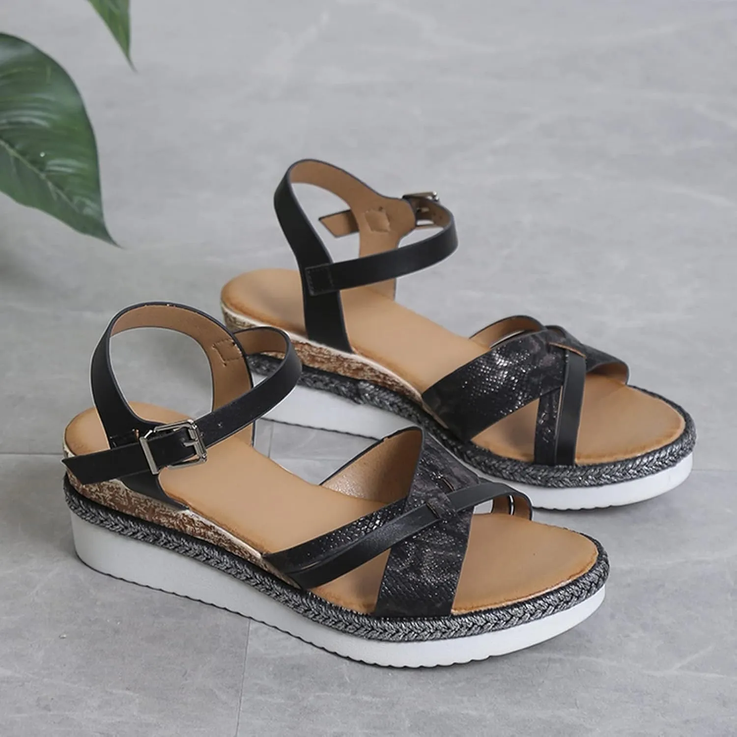 Thick Wedge Sandals, Open Toe Wide Width Sandals for Women Orthopedic Shoes Ladies Walking Sandal with Adjustable Ankle Strappy Office Work Shoes Espadrilles Wedges Beach Sandal
