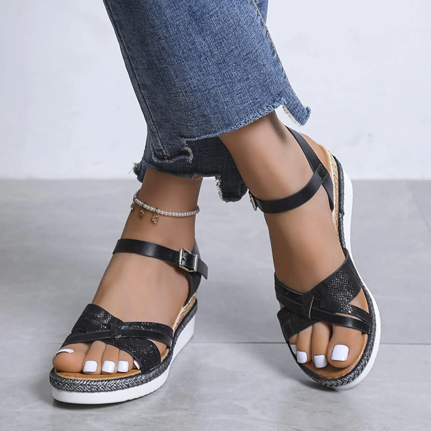 Thick Wedge Sandals, Open Toe Wide Width Sandals for Women Orthopedic Shoes Ladies Walking Sandal with Adjustable Ankle Strappy Office Work Shoes Espadrilles Wedges Beach Sandal