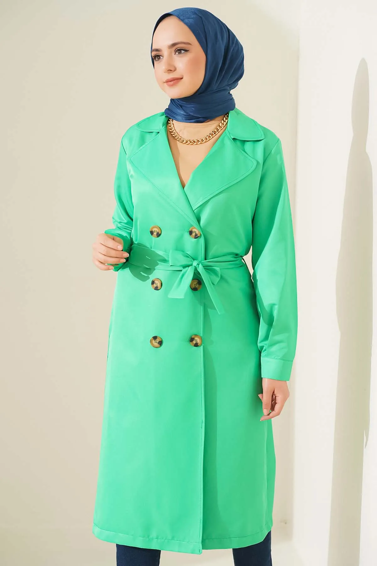 Three-Button Double-Breasted Trench Coat - Green